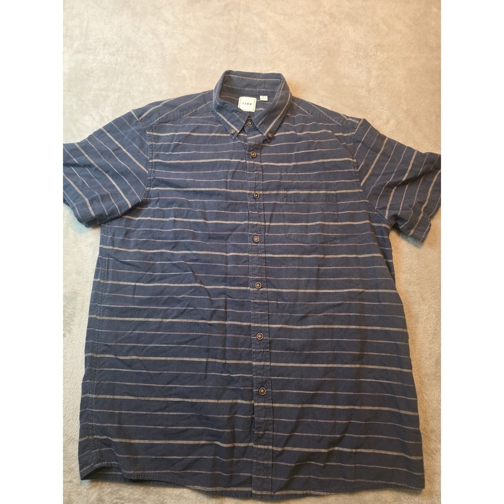 ROWM Button Front Shirt Mens Large Blue Good Striped Short Sleeve‎ Cotton Casual